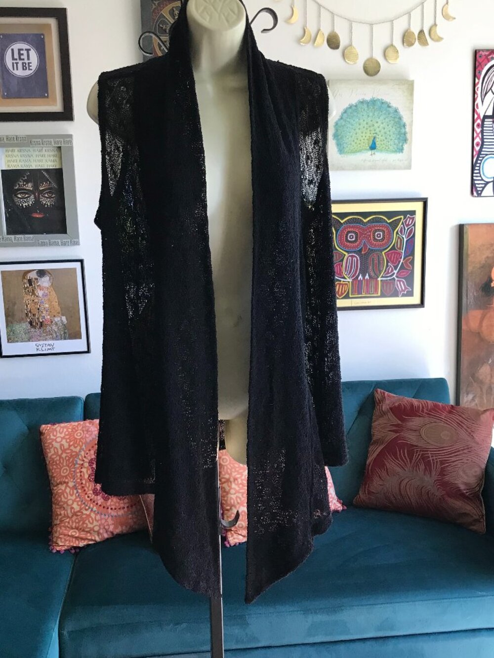 CABLE & GAUGE size L Sheer Black Open Weave Knit Sleeveless Draping Vest Sweater